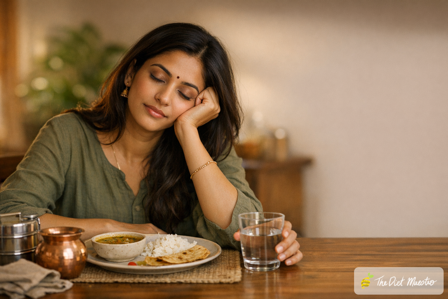 Indian woman drowsy after lunch at a dining table, half-eaten rice and dal plate, early insulin resistance energy crash.