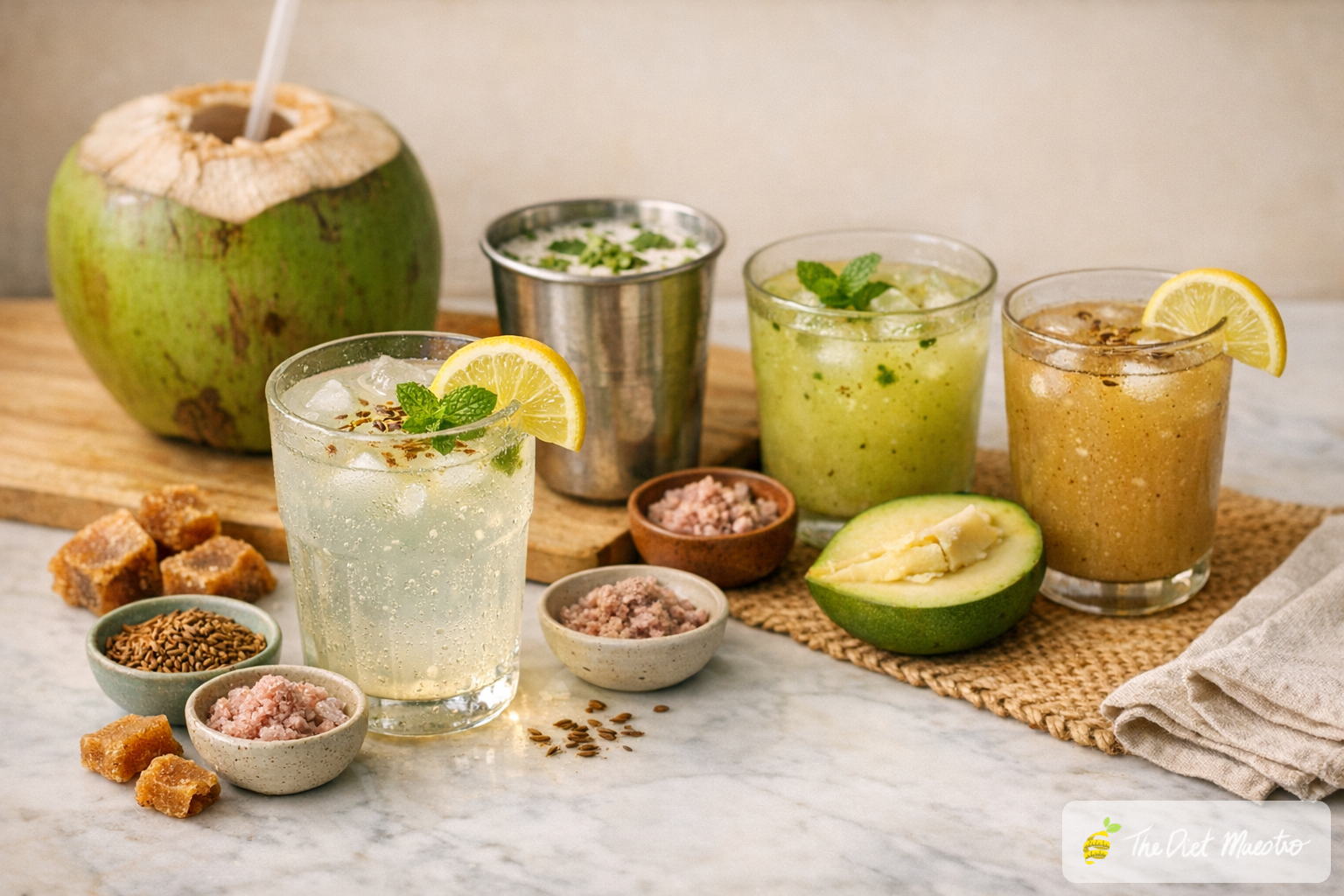 Five hydrating Indian drinks: nimbu pani, coconut water, chaas, aam panna, and sattu sharbat styled on marble with Indian pro