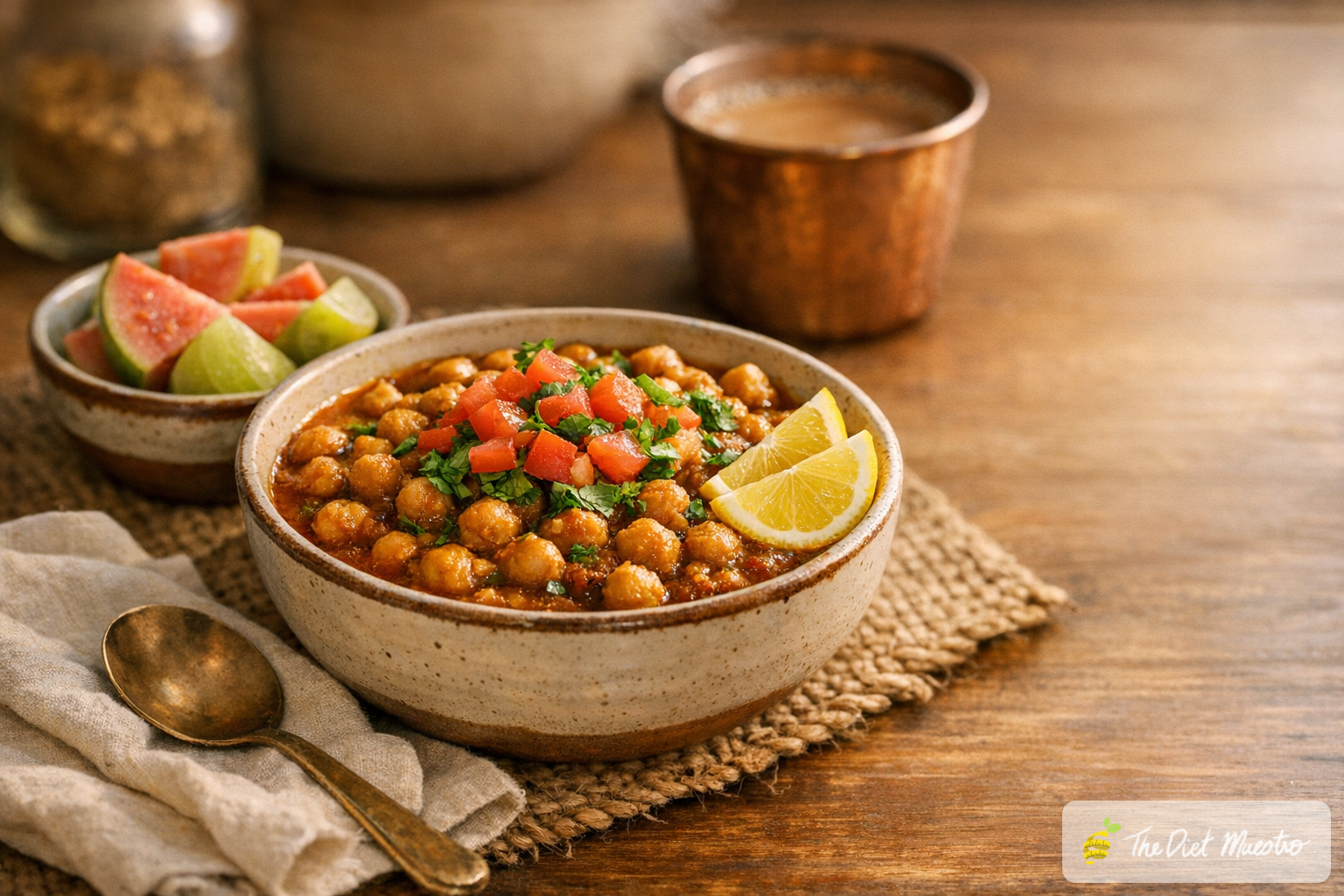 Chana masala with lemon, guava and amla slices; chai blurred in back — iron with vitamin C to boost haemoglobin