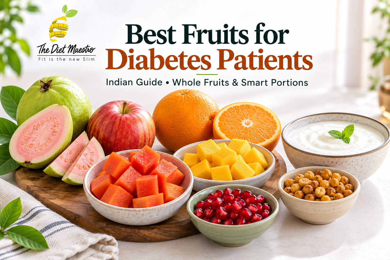 Diet Maestro banner with portioned fruits for diabetes patients, paired with dahi and dal on a clean white background.