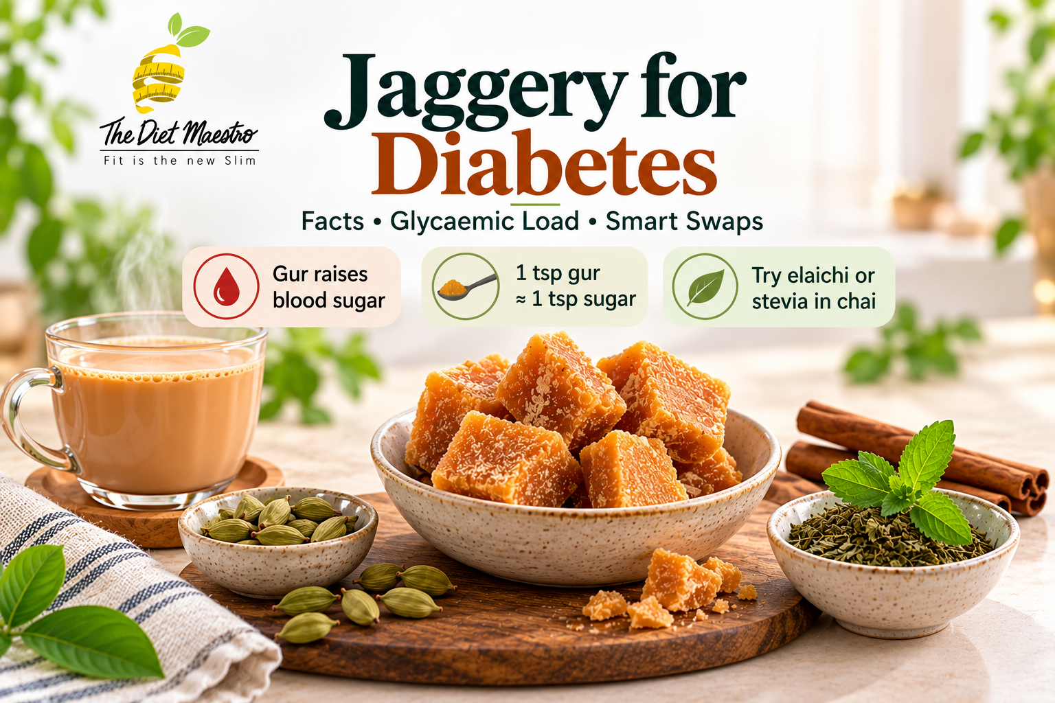 Diet Maestro banner on jaggery for diabetes: Indian plate with rajma, salad, brown rice, and a small piece of jaggery