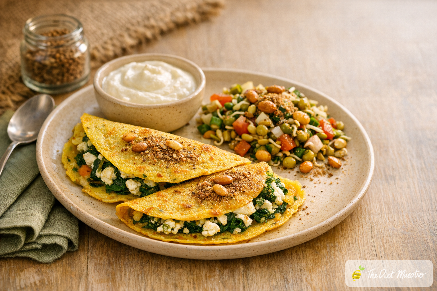 Moong dal chilla with paneer and spinach, curd katori, and sprouts salad — diabetes-friendly Indian breakfast
