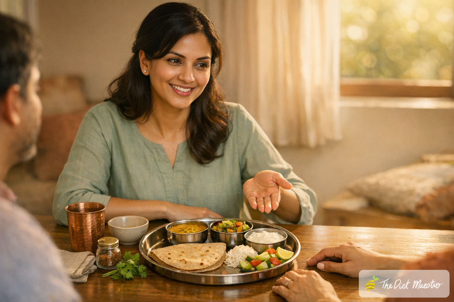 Indian diabetes dietitian guides a client over a balanced thali—roti, dal, sabzi, curd—at a sunlit table.
