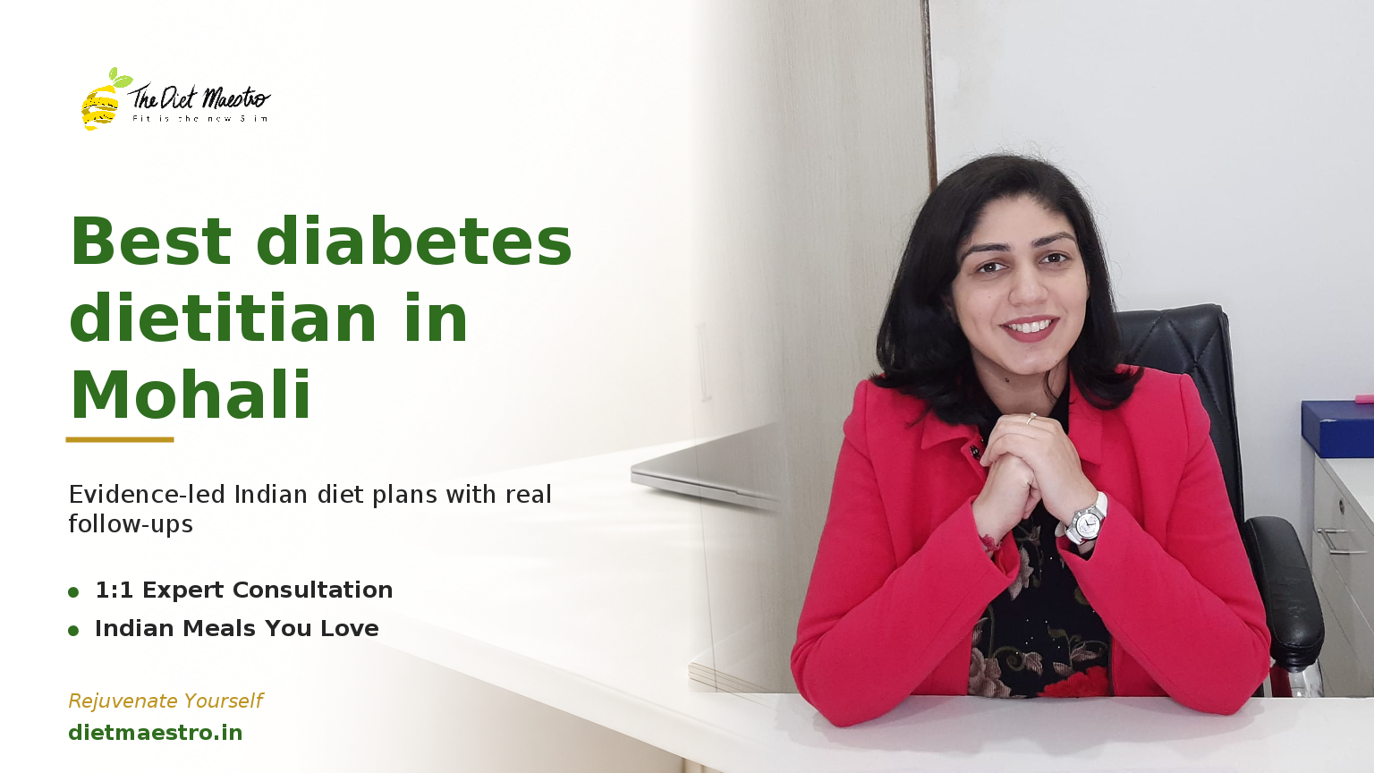 Dt. Priyanka Narang, best diabetes dietitian in Mohali, on a bright consult banner with Diet Maestro branding.