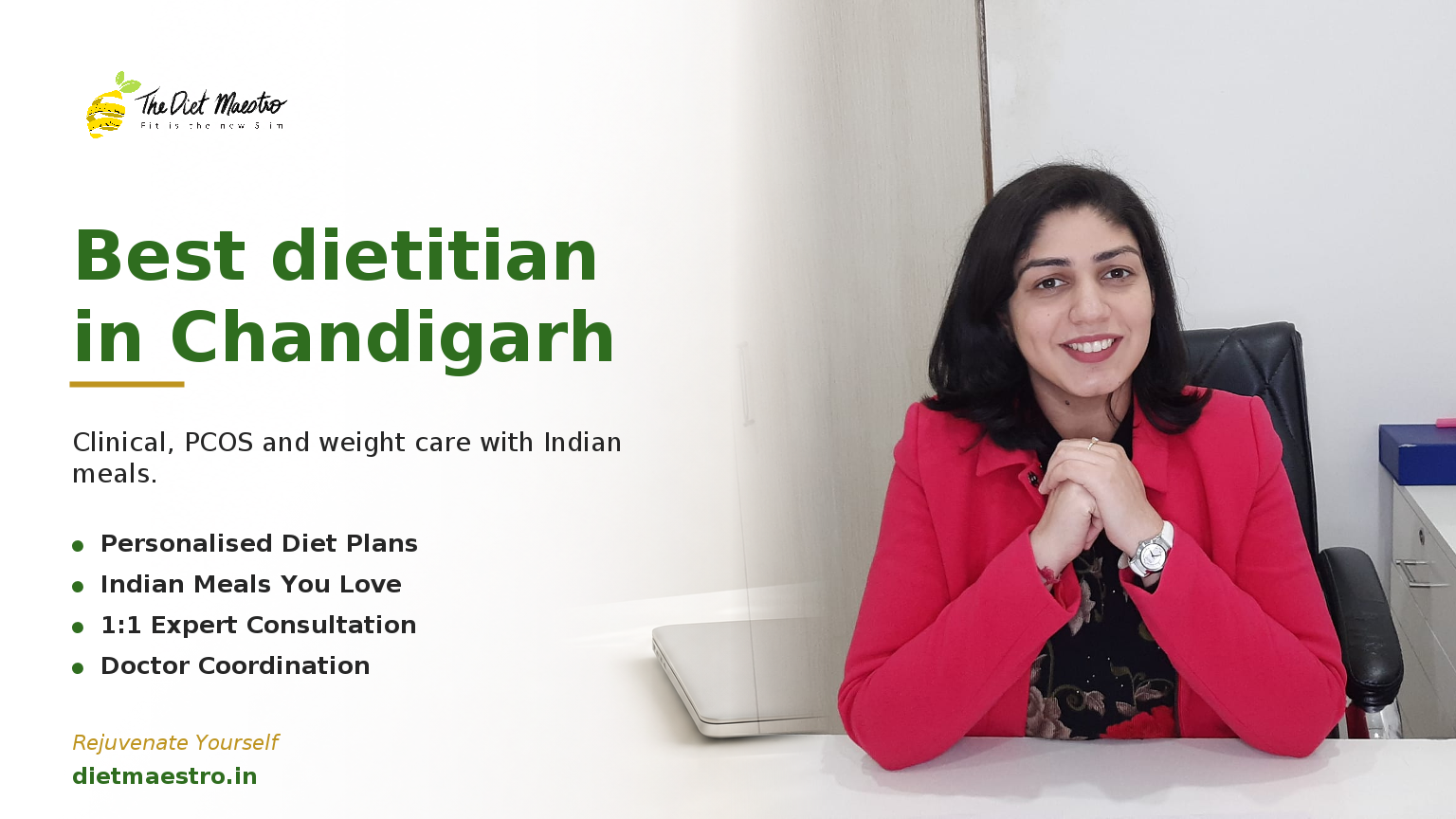 Dt. Priyanka Narang, dietitian in Chandigarh, over a bright clinic backdrop with Diet Maestro branding