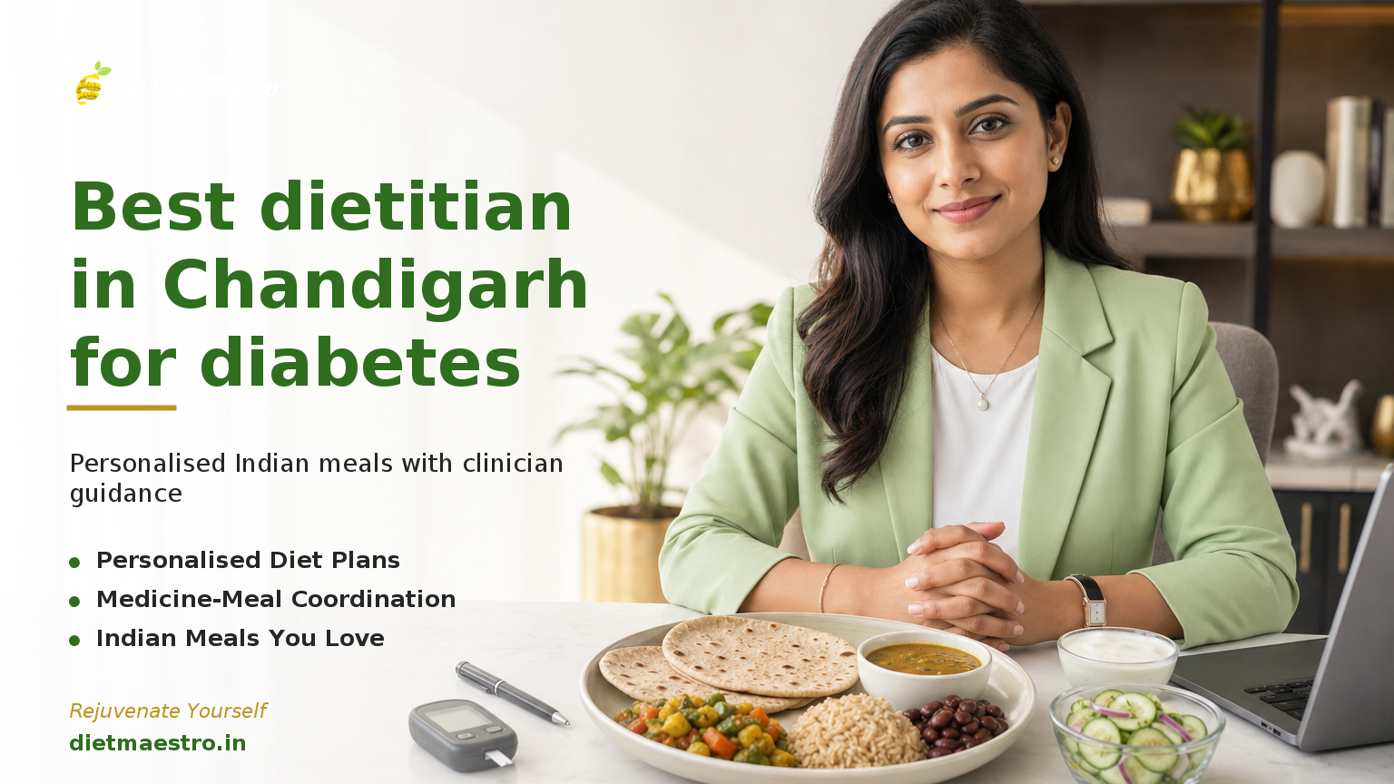 Diet Maestro banner: Chandigarh dietitian guides a balanced Indian meal for diabetes care with left clean space for branding