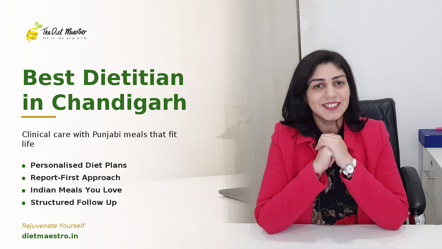Dt. Priyanka Narang, Clinical Dietitian, in a modern clinic for best dietitian in Chandigarh, with Diet Maestro branding.