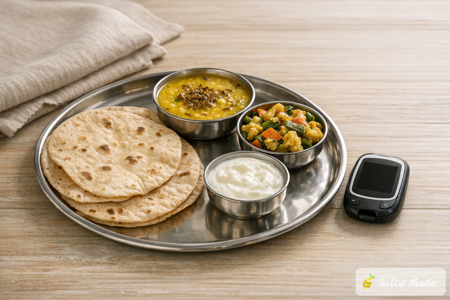 Balanced Indian thali for diabetes care with two phulkas, dal, sabzi, dahi on a steel plate, beside a blank-screen glucometer