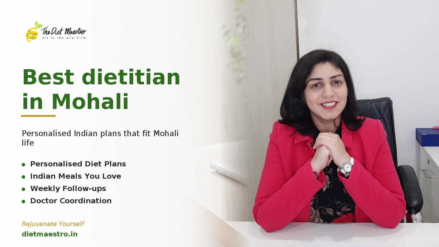 Dt. Priyanka Narang, Clinical Dietitian and CDE, in a clean clinic banner for best dietitian in Mohali, Diet Maestro.