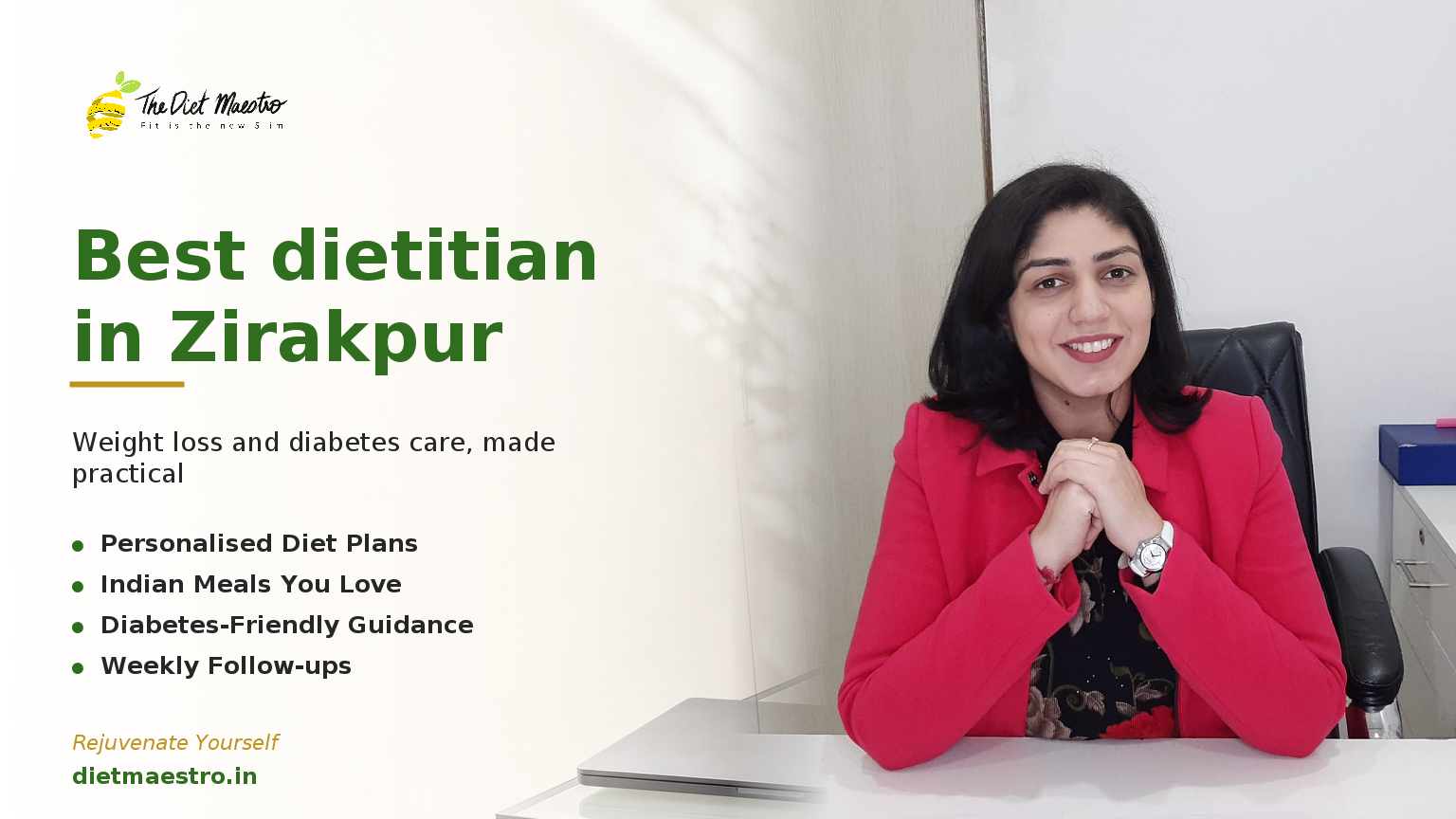 Best dietitian in Zirakpur, Dt. Priyanka Narang, with a modern consultation setting and Diet Maestro branding.