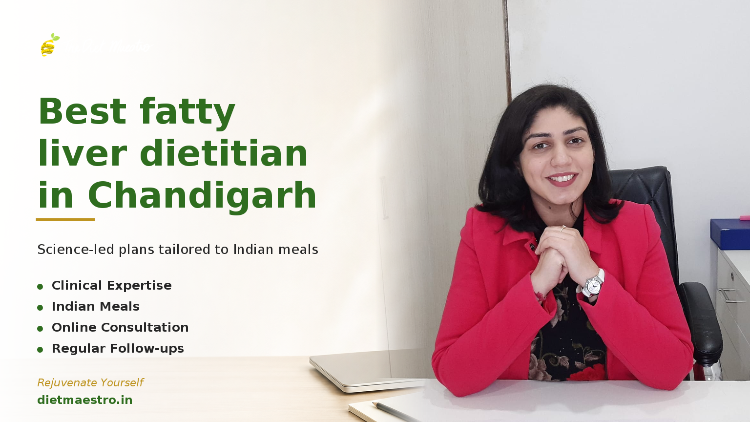 Dt. Priyanka Narang, Clinical Dietitian, with Diet Maestro branding, fatty liver dietitian in Chandigarh.