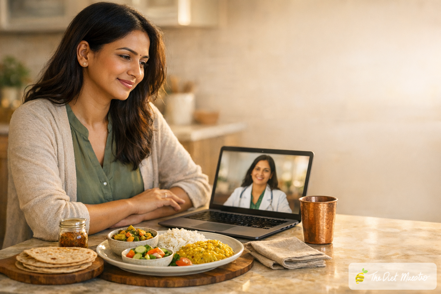 NRI in USA consulting an Indian dietitian online beside rice, dal, sabzi and whole-wheat tortillas in a sunlit kitchen