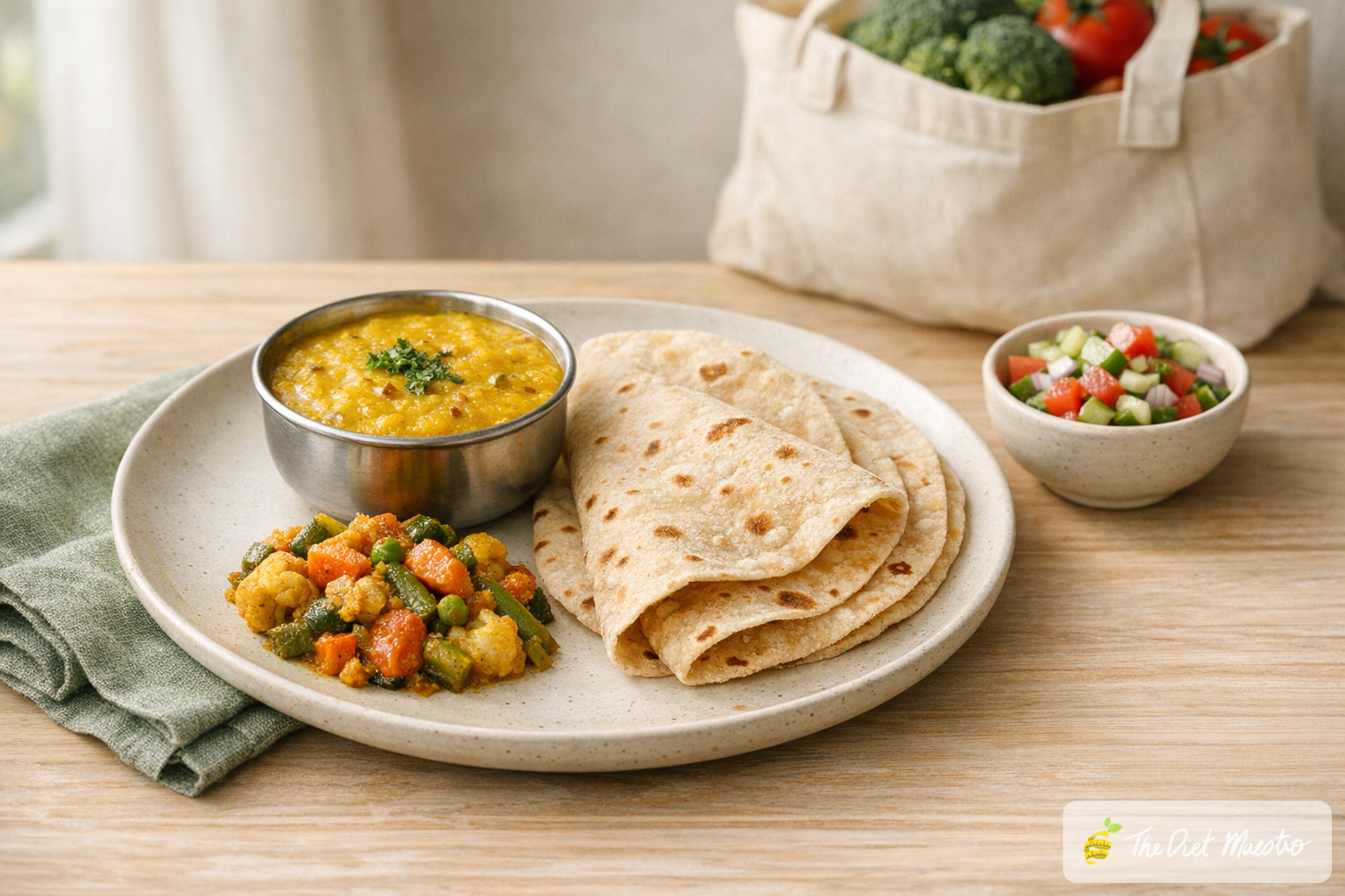 Portion-controlled Indian meal with 1 katori dal, two phulkas and mixed veg sabzi on a ceramic plate, napkin and kachumber