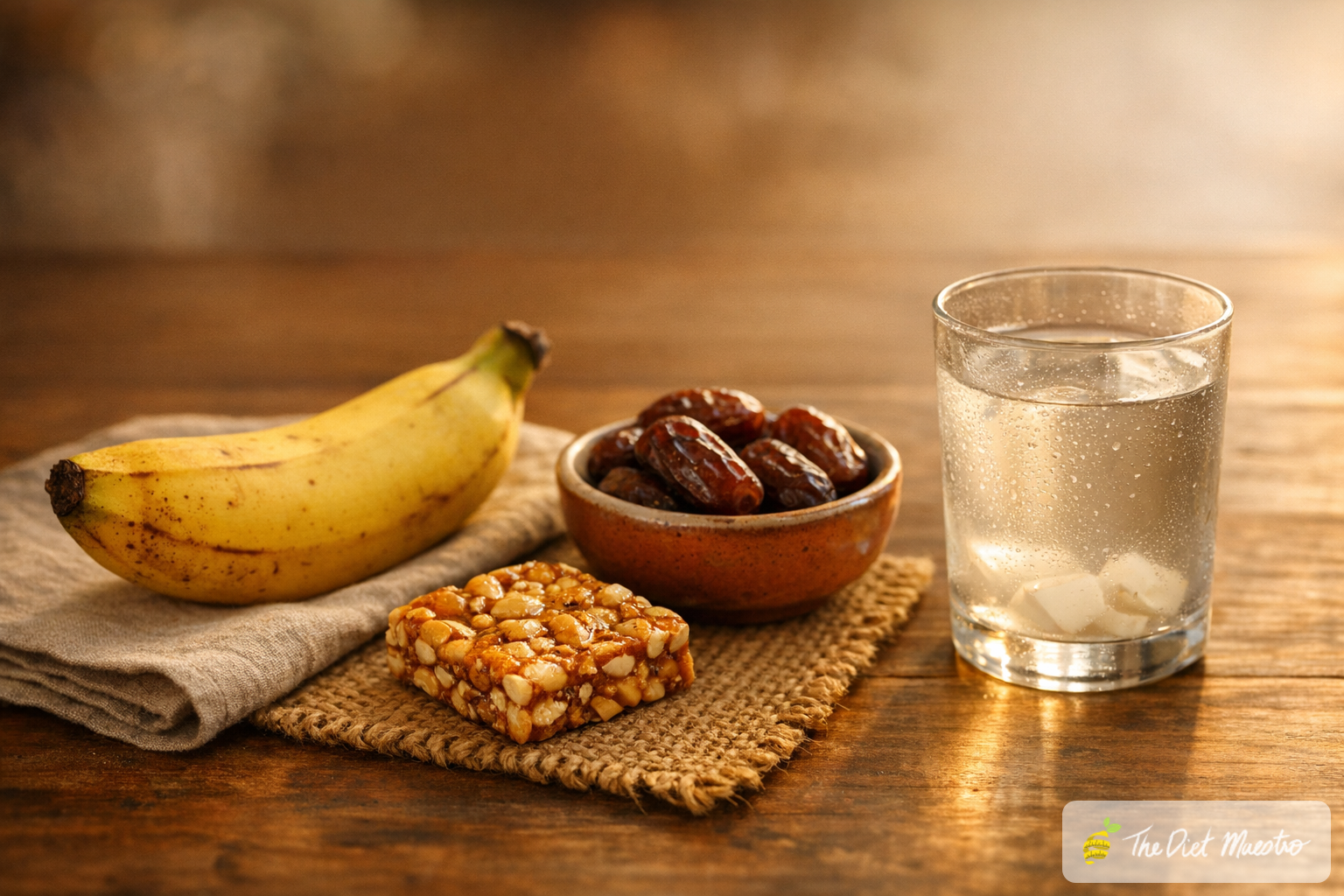 Pre-training foods: banana, dates in a ceramic katori, peanut-jaggery chikki, and coconut water on a wooden table