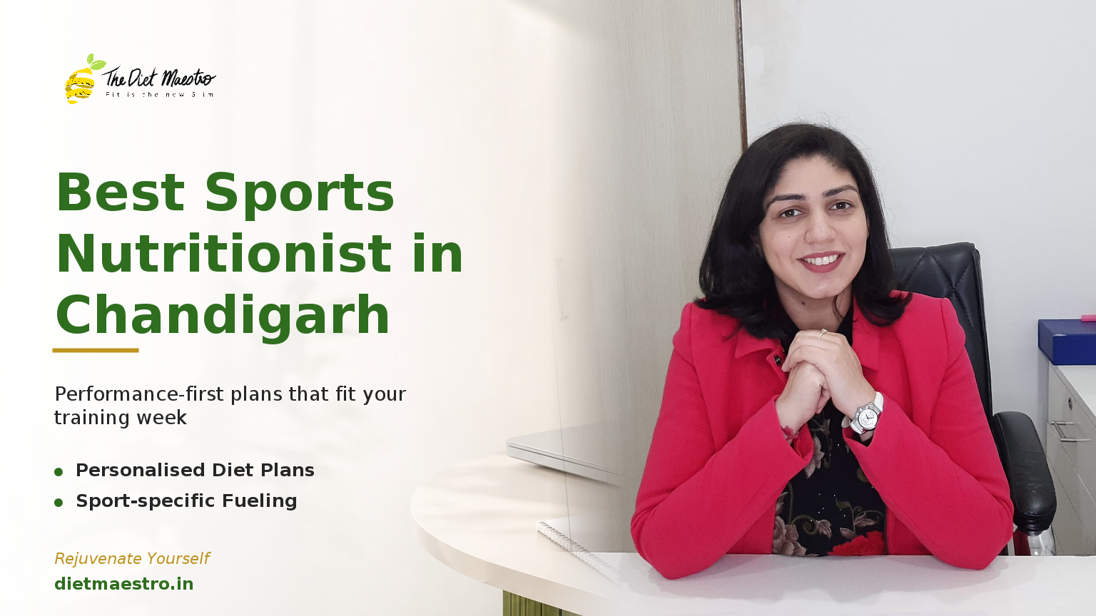 Dt. Priyanka Narang beside a clean sports nutrition consultation setting for athletes in Chandigarh, Diet Maestro branding.