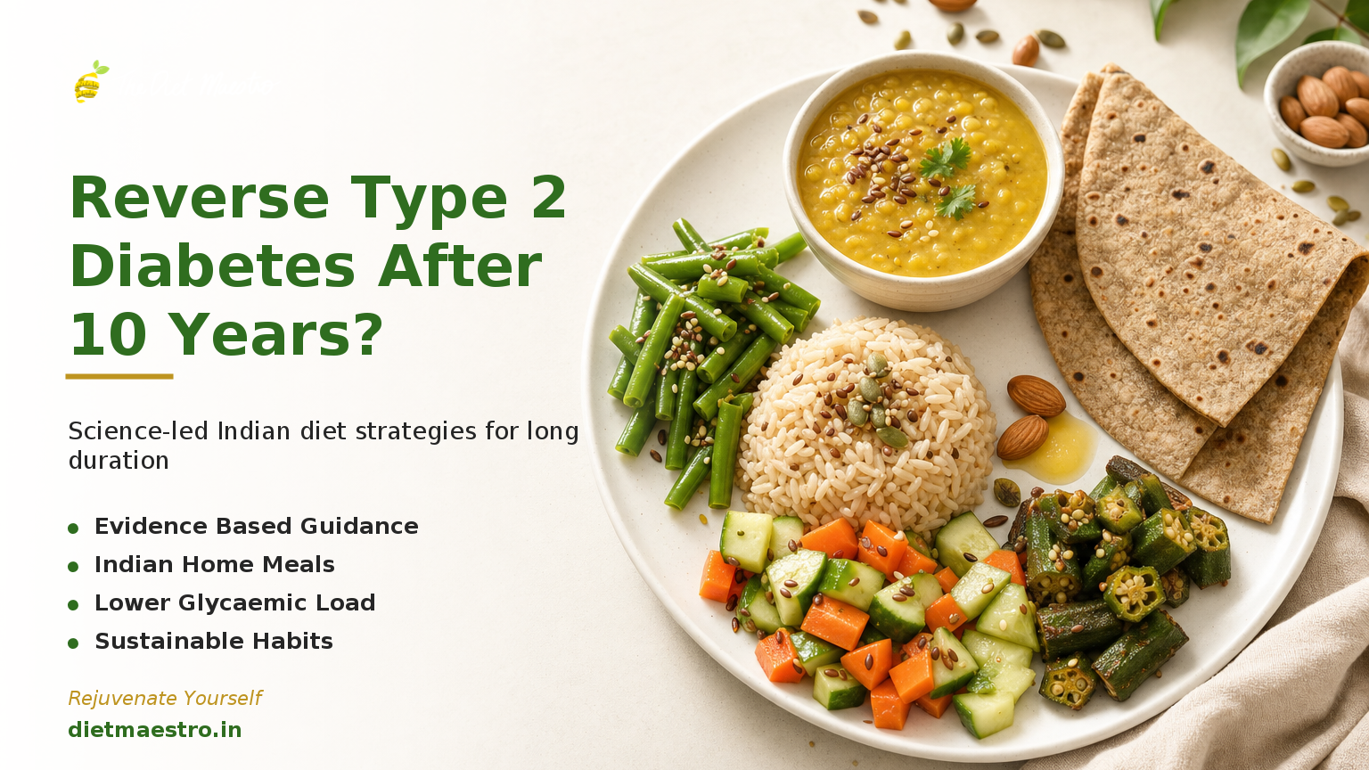 Diet Maestro hero with a balanced Indian plate—dal, millet roti, brown rice, and vegetables—right aligned for type 2 diabetes