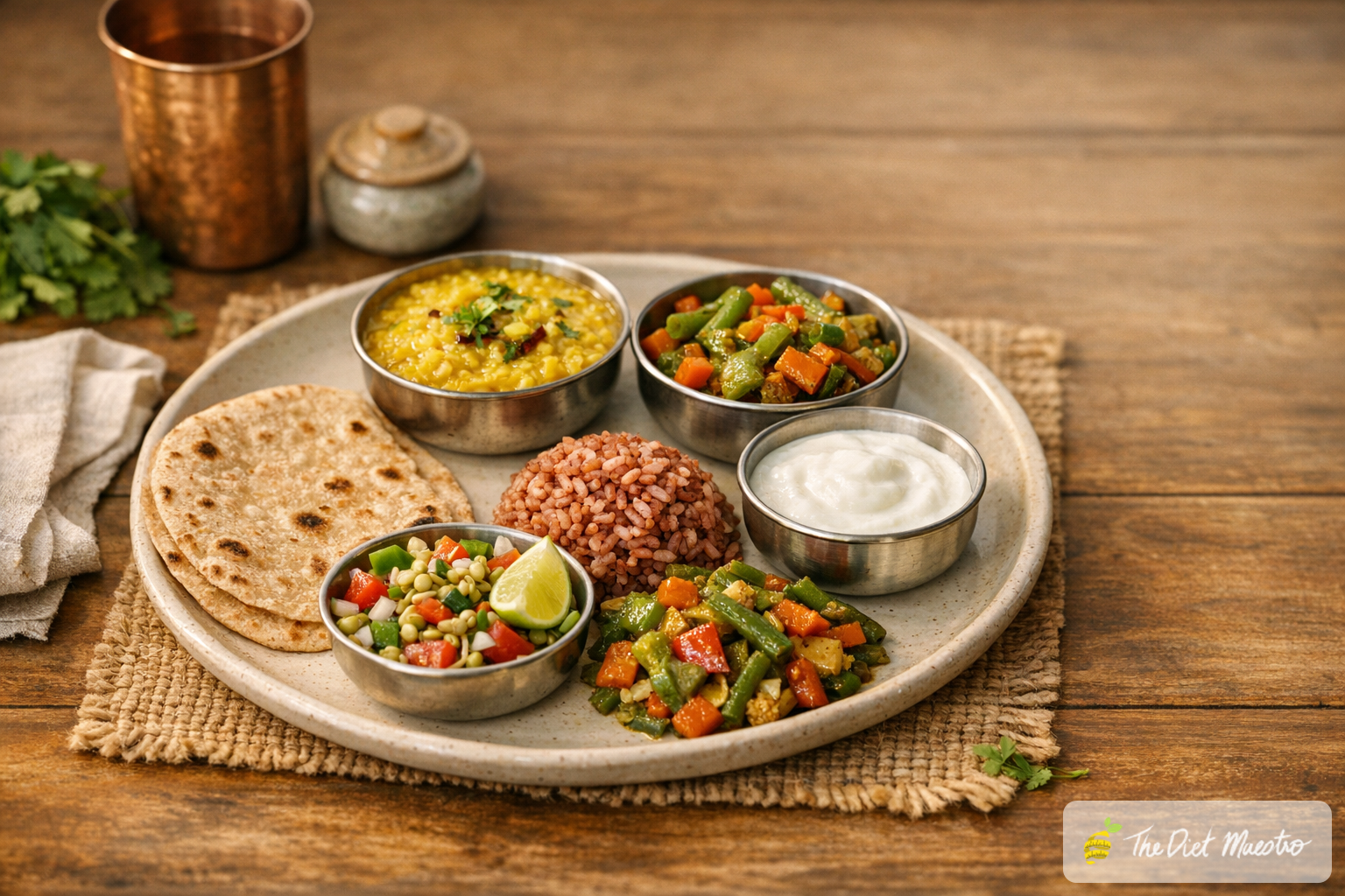 Balanced Indian plate for prediabetes with roti, moong dal, sabzi, sprouts salad, curd, and red rice on a wooden table