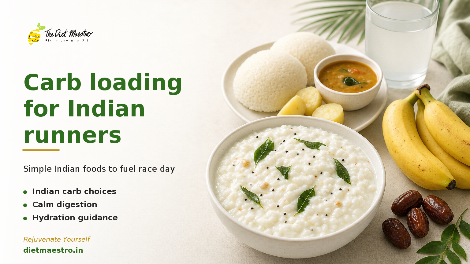 Diet Maestro banner on carb loading for Indian runners, with curd rice, idli, bananas, dates and coconut water on clean white
