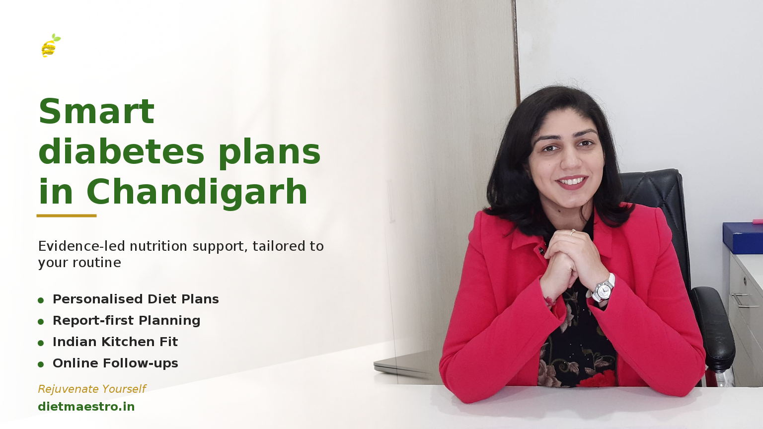 Dt. Priyanka Narang, Certified Diabetes Educator in Chandigarh, with Diet Maestro branding over a bright consultation room.