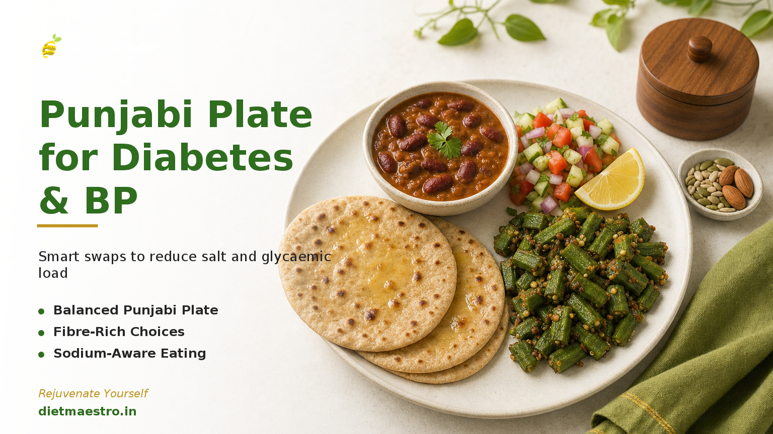 Diet Maestro banner with a balanced Punjabi plate for diabetes and high blood pressure, clean left area for branding.