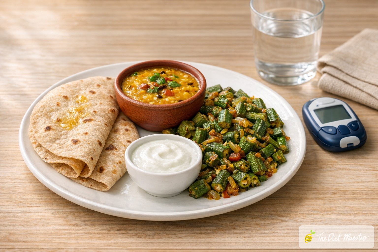 Balanced Indian diabetes plate with bhindi sabzi, arhar dal, two small phulkas and dahi on white plate, glucometer nearby.