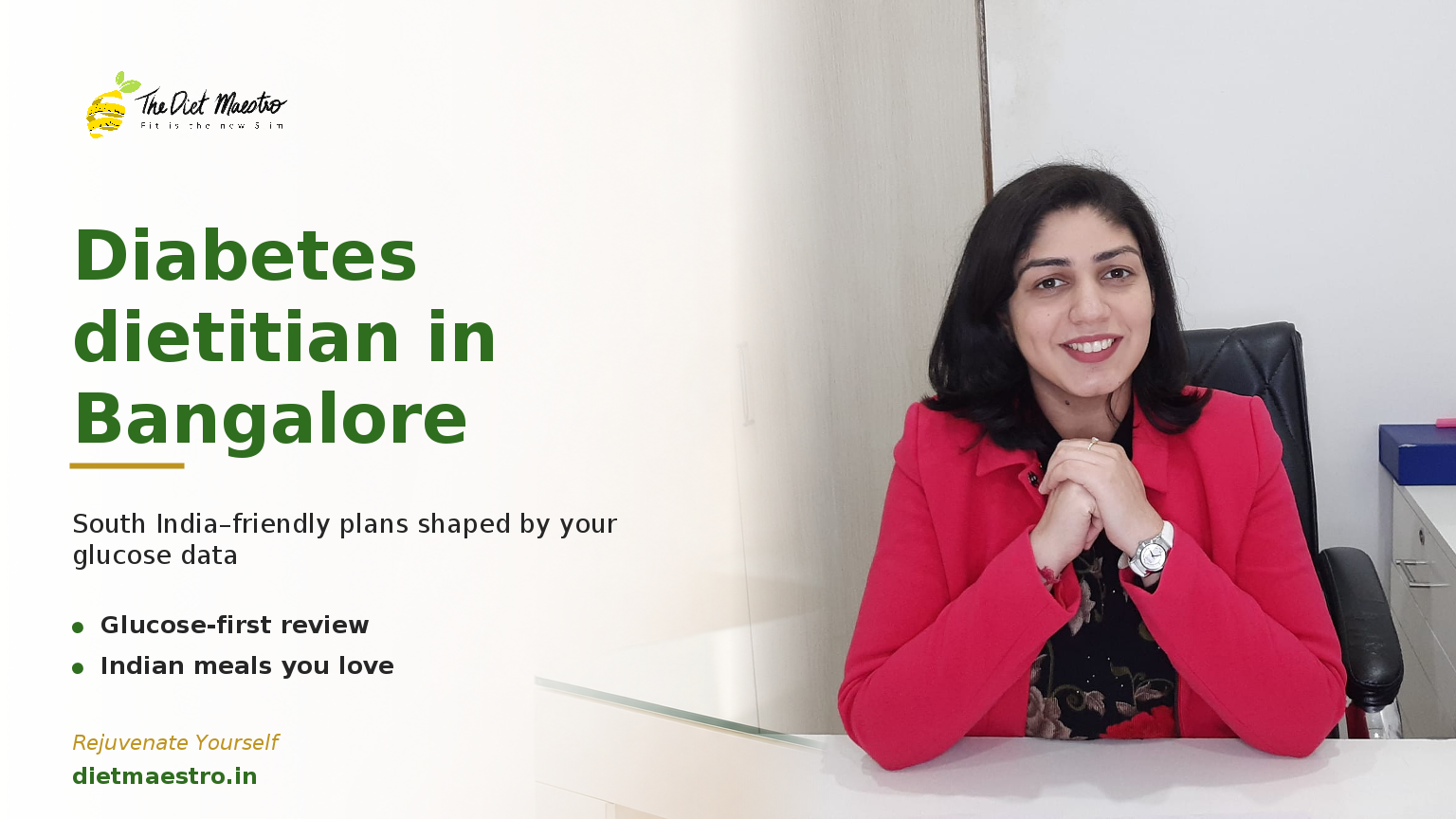 Dt. Priyanka Narang, Clinical Dietitian and CDE, in a Diet Maestro consultation banner for a diabetes dietitian in Bangalore.