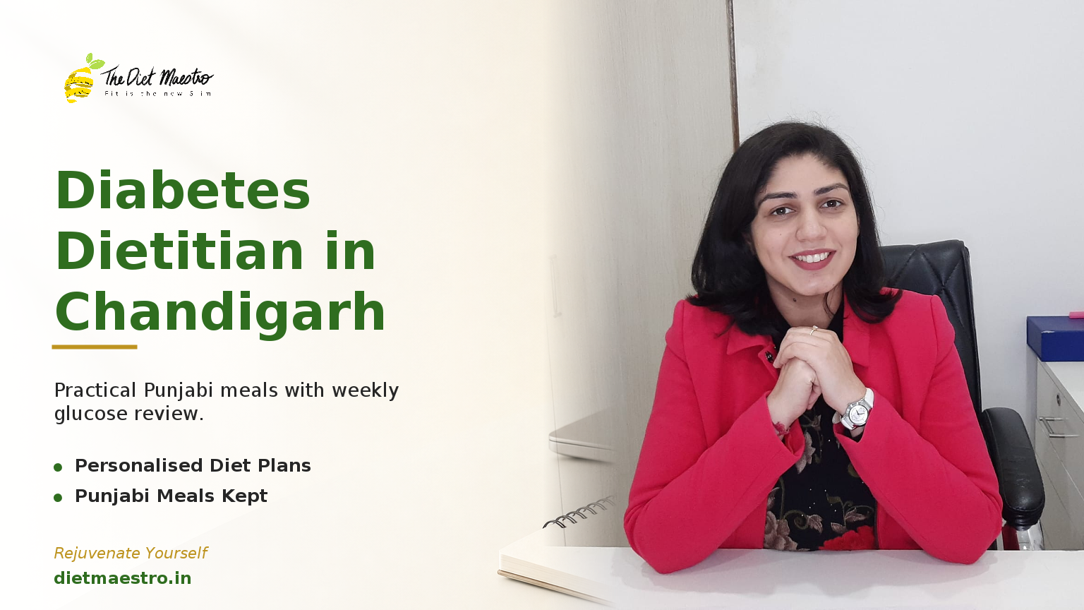 Dt. Priyanka Narang with Diet Maestro branding beside a clean clinic desk and glucometer, diabetes dietitian in Chandigarh.