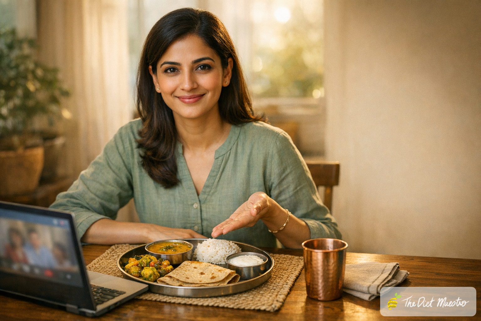 Indian diabetes dietitian on a video call showing a balanced plate of dal, sabzi, roti and small rice on a sunlit table