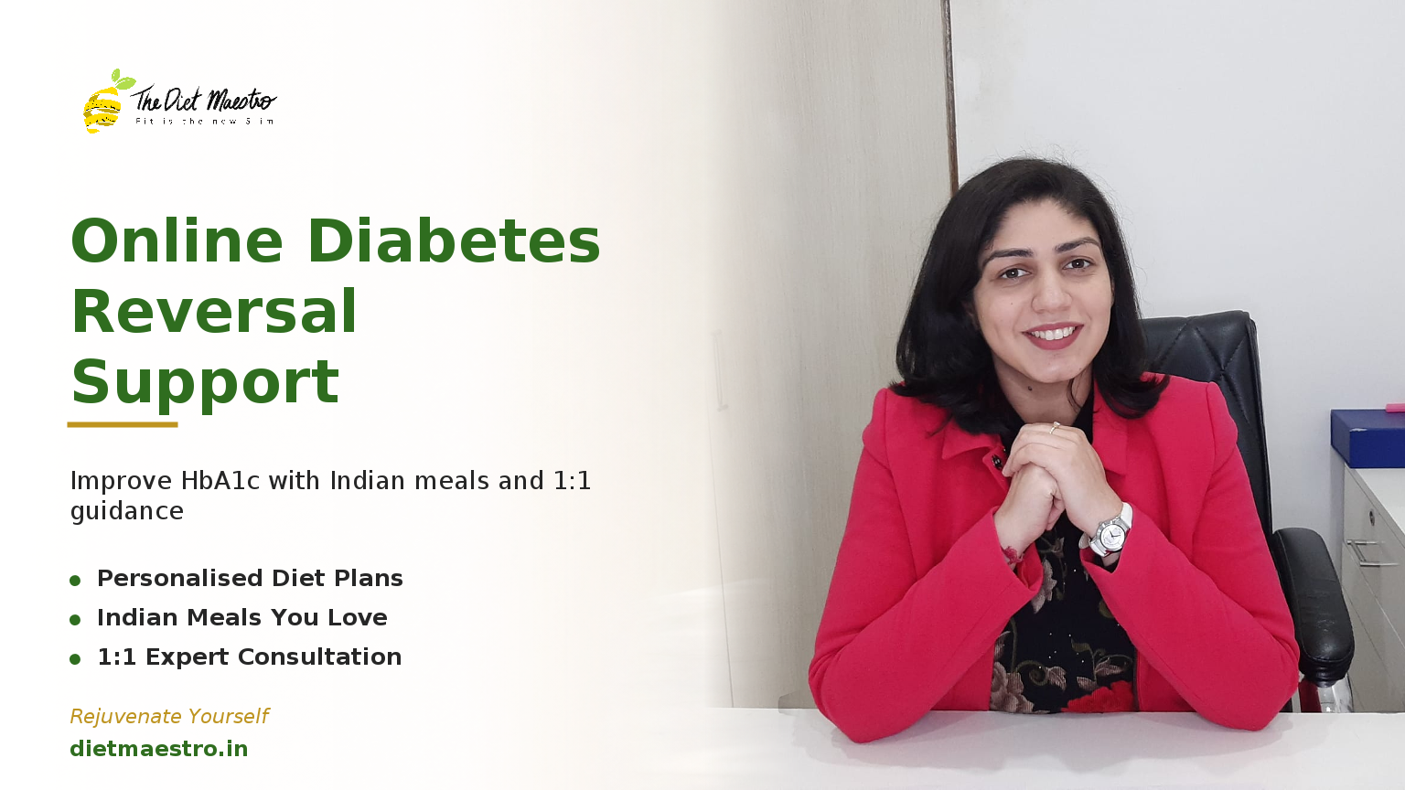 Dt. Priyanka Narang, Clinical Dietitian, with a clean clinic backdrop for a diabetes reversal program online.