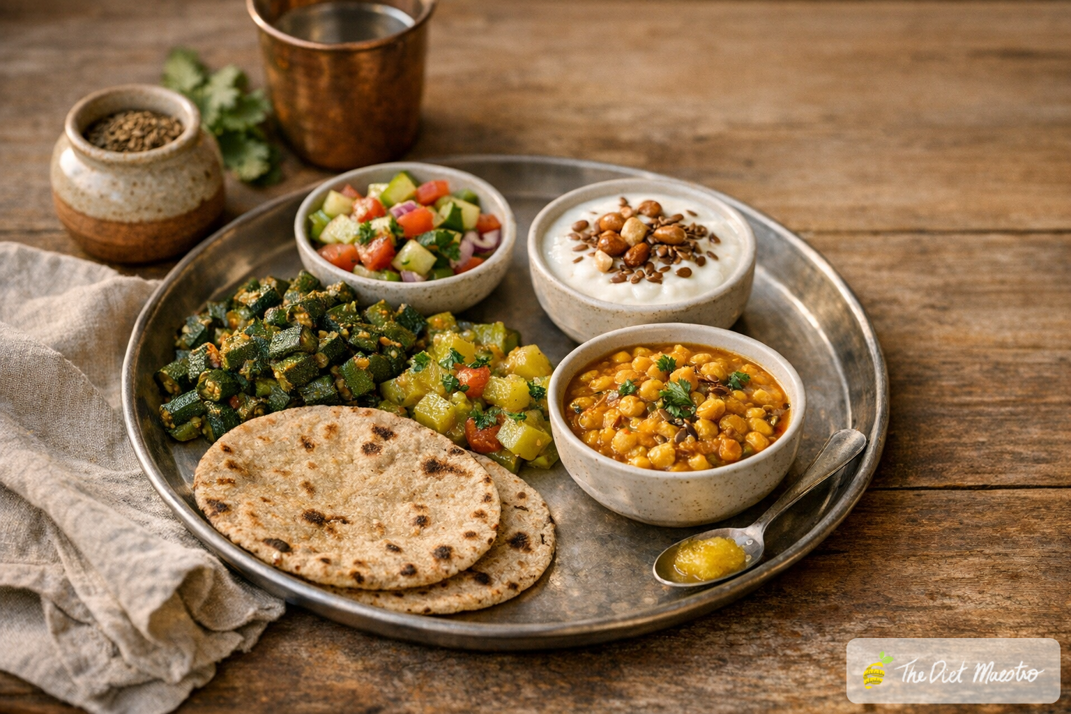 Balanced Indian plate for diabetes diet: jowar roti, chana dal, bhindi-lauki sabzi, kachumber, and curd on wooden table