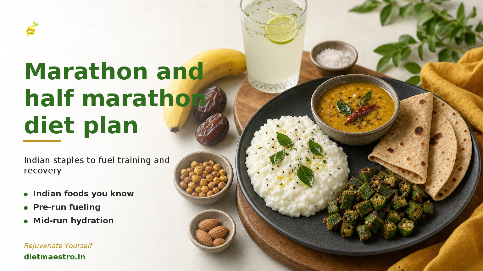 Diet Maestro marathon diet spread: banana, dates, curd rice, dal, roti and nimbu pani, clean left space for branding