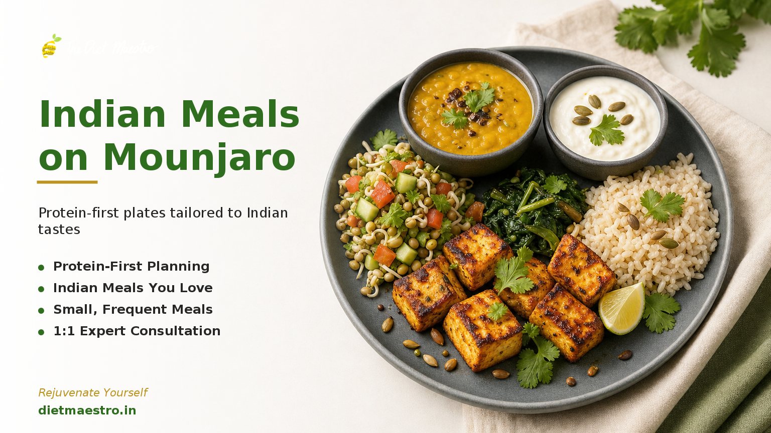 Diet Maestro banner with protein-first Indian meal for Mounjaro diet plan in India, with clean left space for branding.