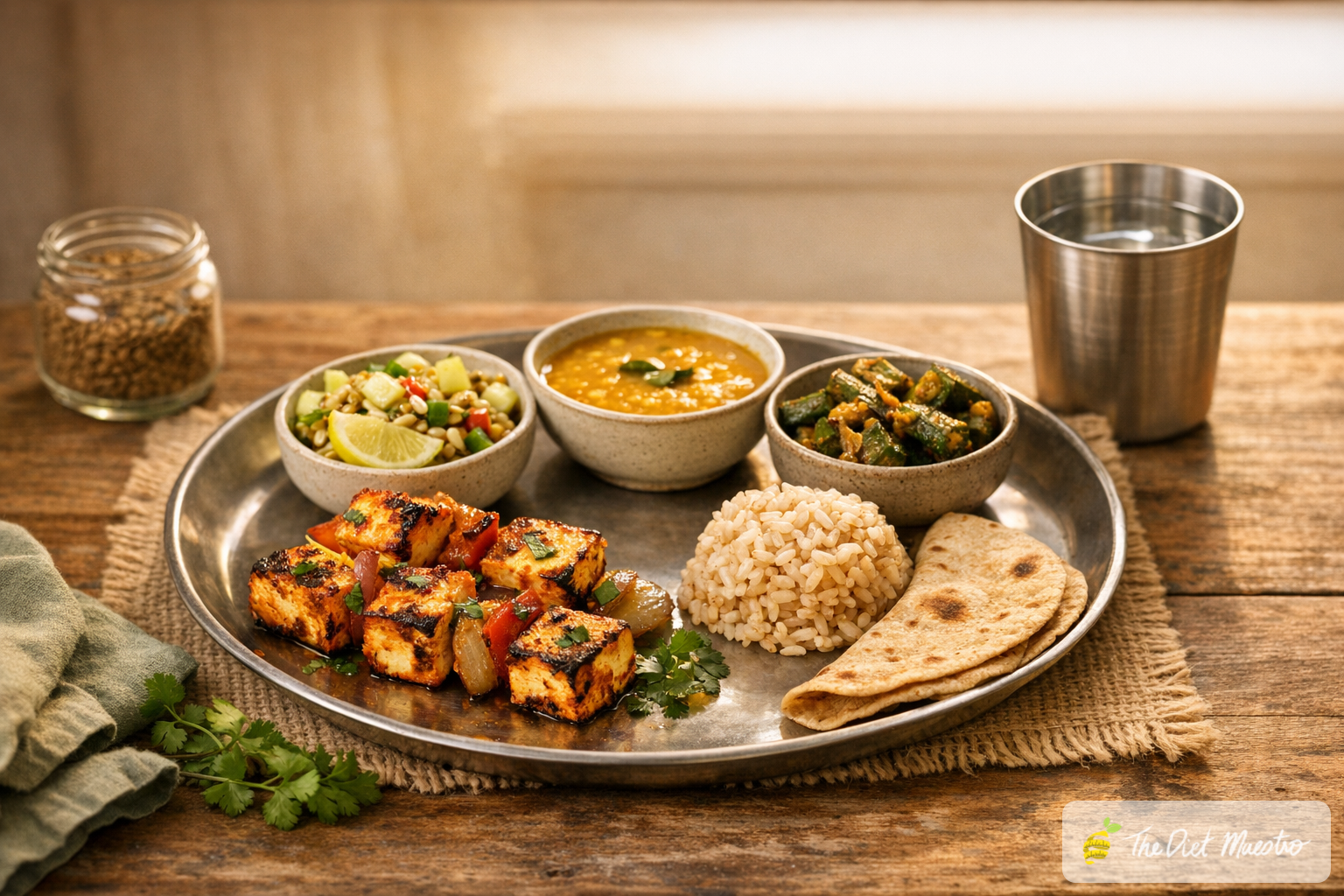 Indian thali for fatty liver diet: paneer tikka, dal, bhindi, sprouted salad, small roti, brown rice, steel water tumbler