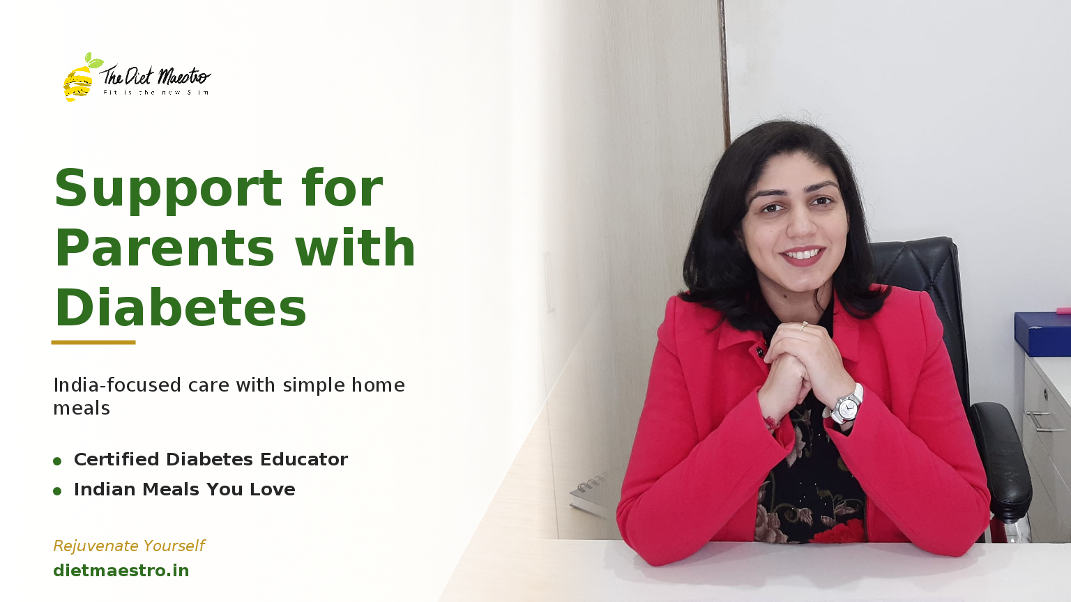 Dt. Priyanka Narang, Clinical Dietitian and CDE, with a clean consultation backdrop for parents with diabetes in India — Diet
