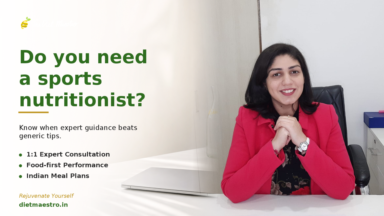 Diet Maestro banner with Dt. Priyanka Narang beside a sunlit consultation desk, India sports nutritionist guide.