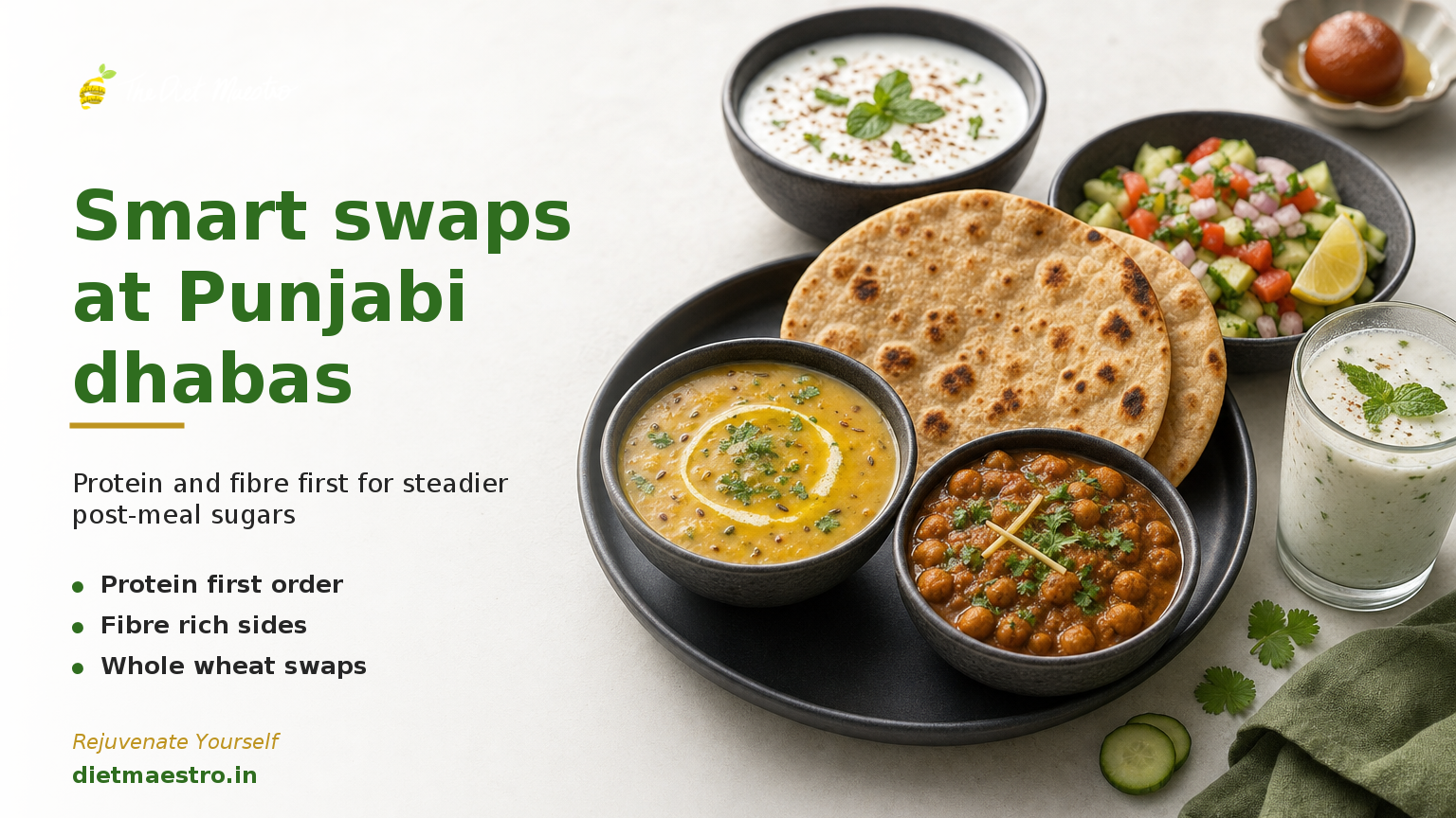 Diet Maestro banner with Punjabi dhaba meal: dal, chana, salad, dahi, whole‑wheat roti and chaas, clear left space for text