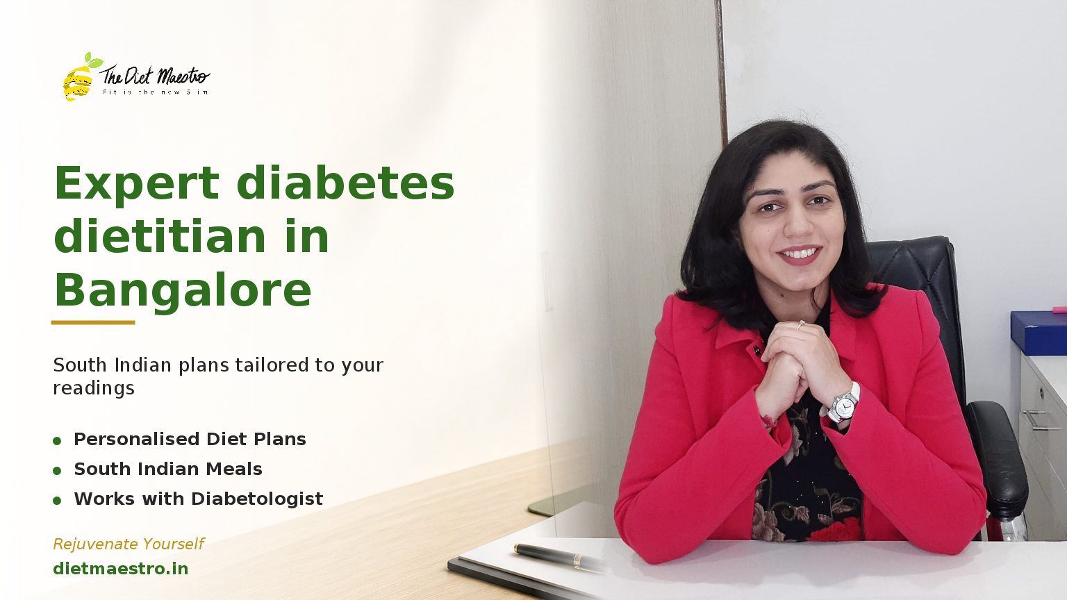 Dt. Priyanka Narang, Clinical Dietitian, with Diet Maestro branding for a diabetes dietitian in Bangalore.