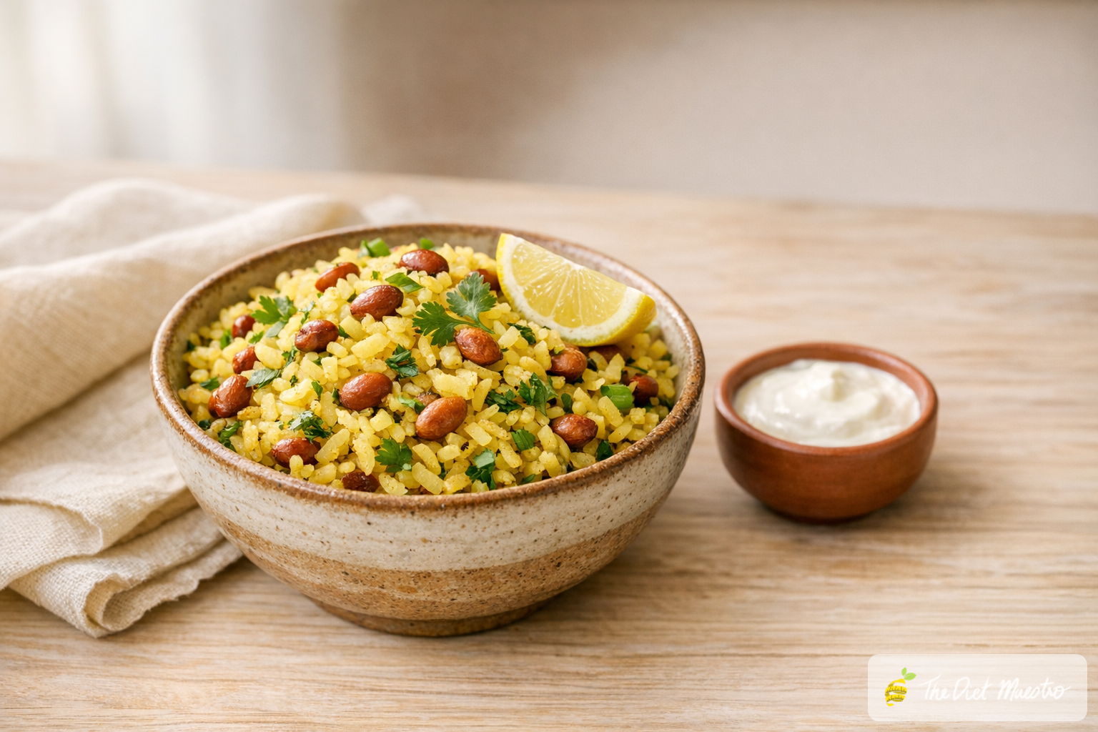 Poha with peanuts in a rustic bowl, with a small bowl of dahi on a light wood table, a simple Indian fatty liver diet meal.