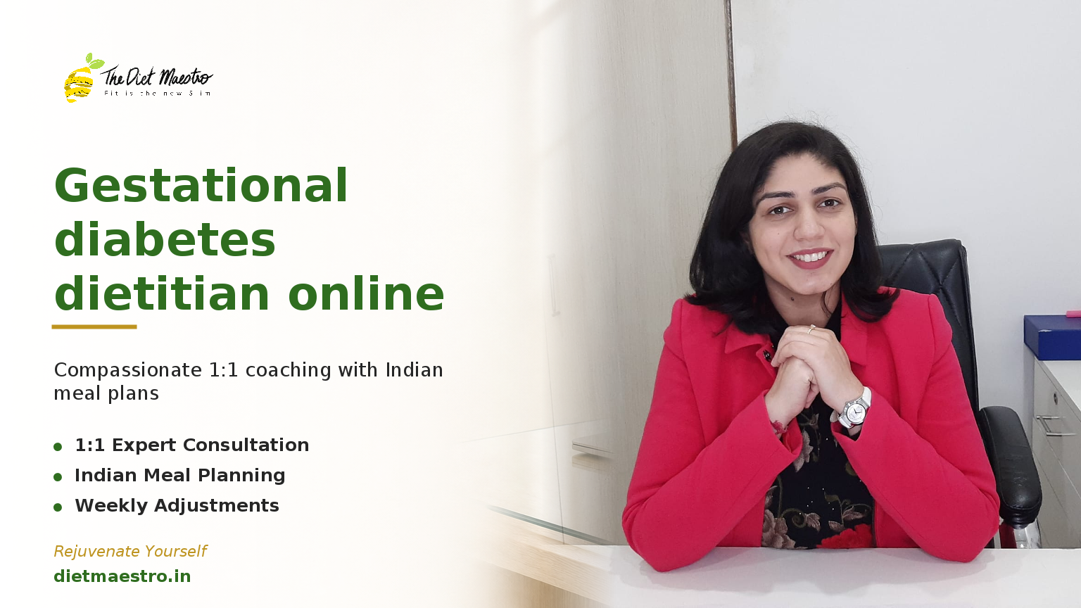Dt. Priyanka Narang, Clinical Dietitian and CDE; Diet Maestro branding with a calm online consult for gestational diabetes.