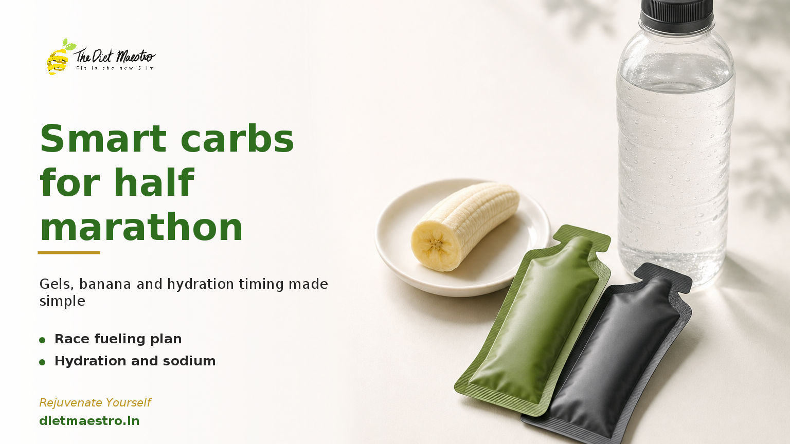 Diet Maestro banner for half marathon fueling with energy gels, banana and water on a clean white backdrop.