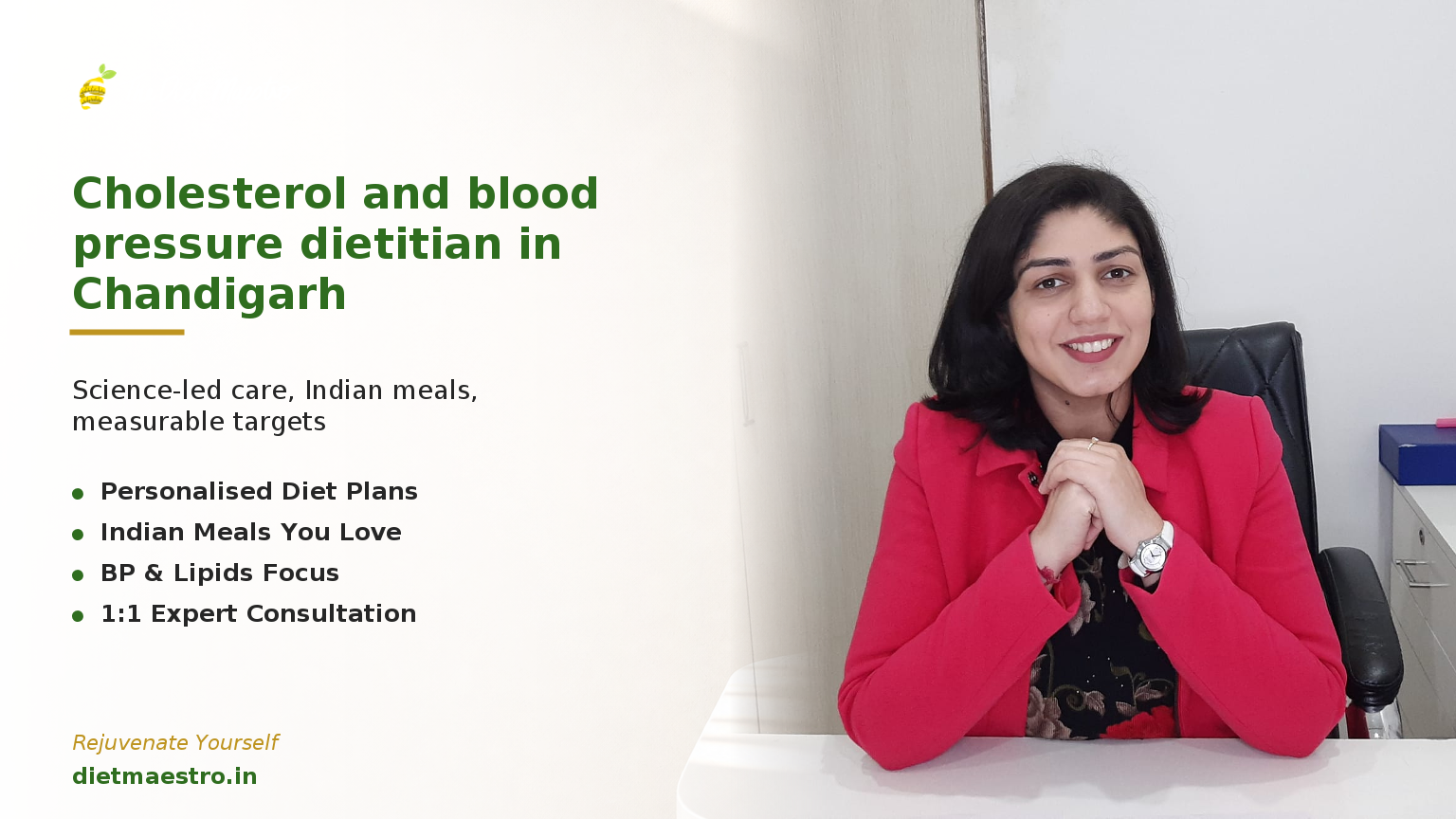 Diet Maestro banner with Dt. Priyanka Narang in a modern clinic setting for cholesterol and blood pressure care in Chandigarh