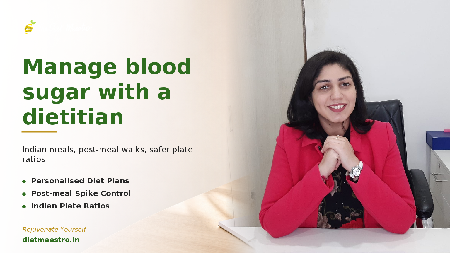 Dt. Priyanka Narang, Clinical Dietitian at Diet Maestro, with a clean clinic desk for a guide on lowering blood sugar.
