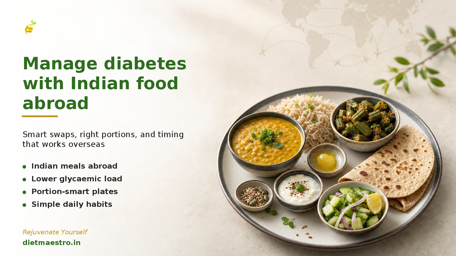 Diet Maestro banner: NRIs manage diabetes with Indian food abroad—basmati rice, dal, bhindi, yogurt; left space for branding.
