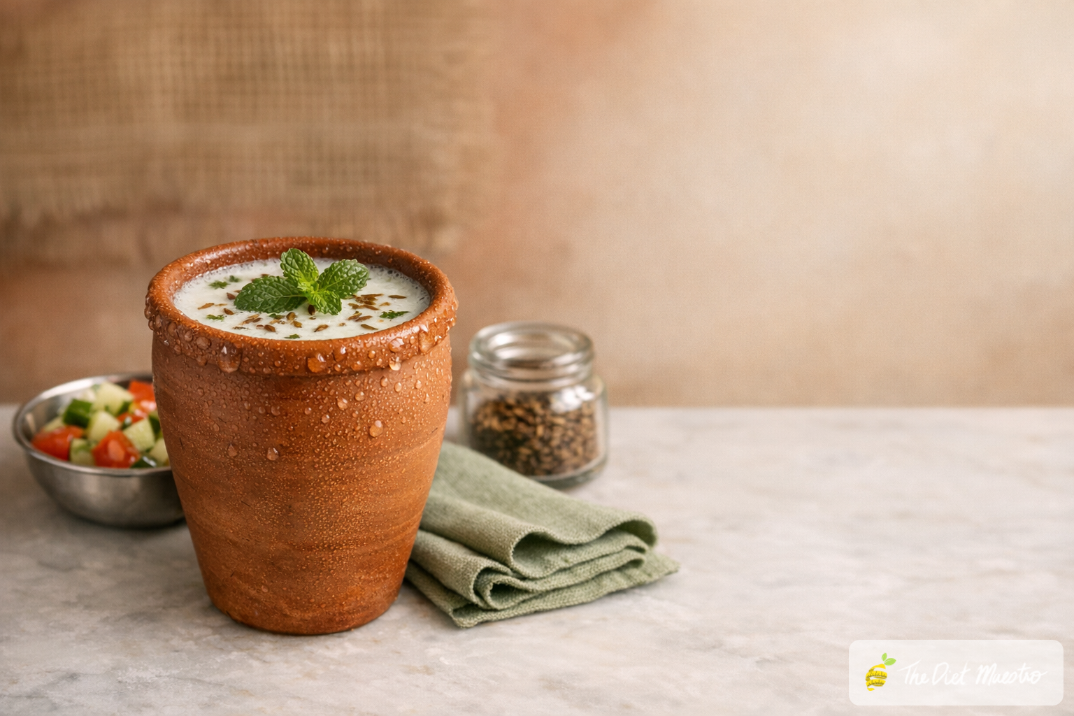 Chilled clay kulhad of chaas with cumin and mint on marble, beside a katori of cucumber-tomato salad for BP control in summer