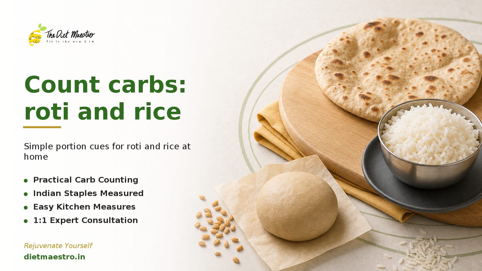 Diet Maestro banner on counting carbs in Indian meals with roti, katori rice and atta dough ball, clean white space for text.