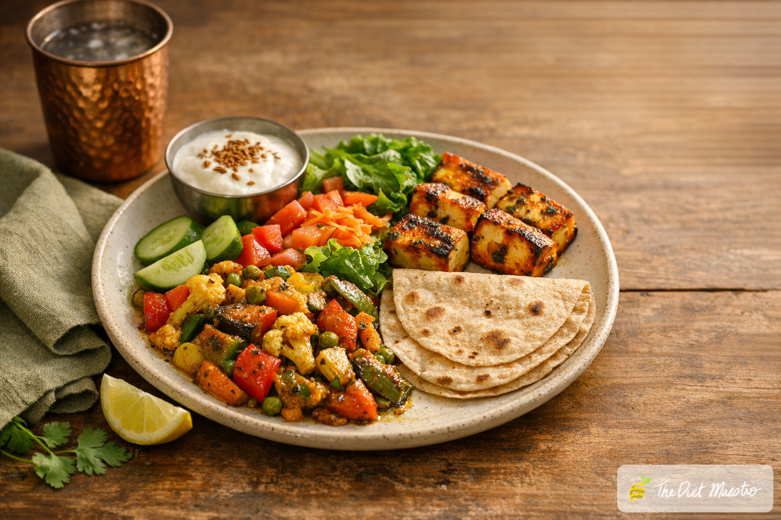 Indian half-plate rule meal: half veggies, paneer protein, one phulka roti, curd and copper water for sustainable weight loss