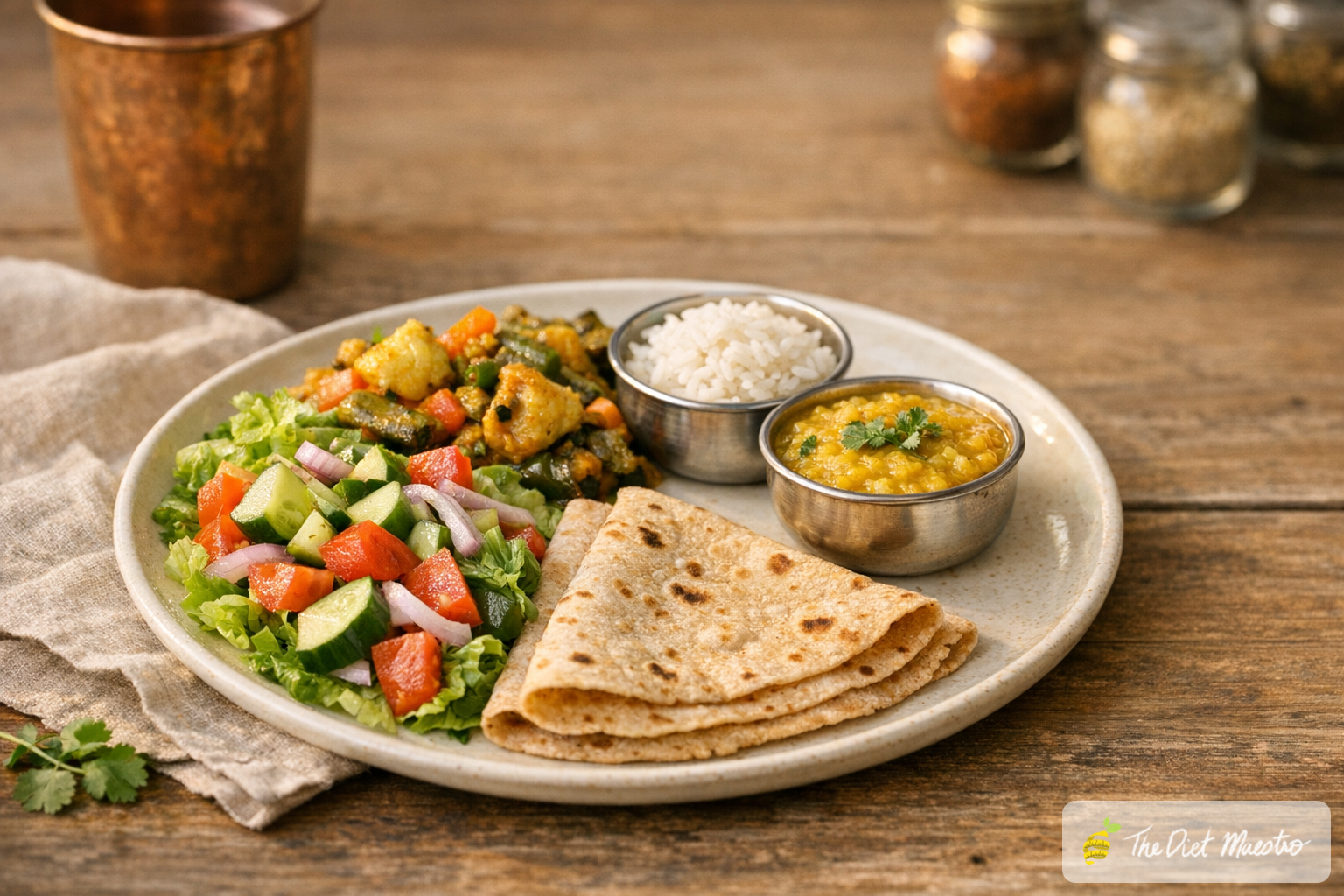 Balanced Indian plate with portion-controlled roti, dal and rice, half plate salad and sabzi on a warm wooden table.