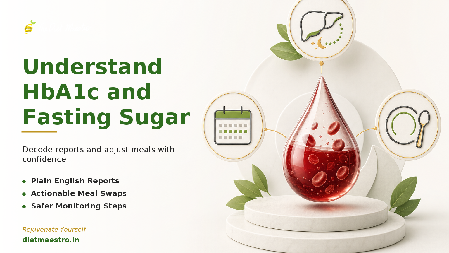 Diet Maestro banner with minimalist blood drop, liver, calendar and plate icons for HbA1c and fasting sugar.