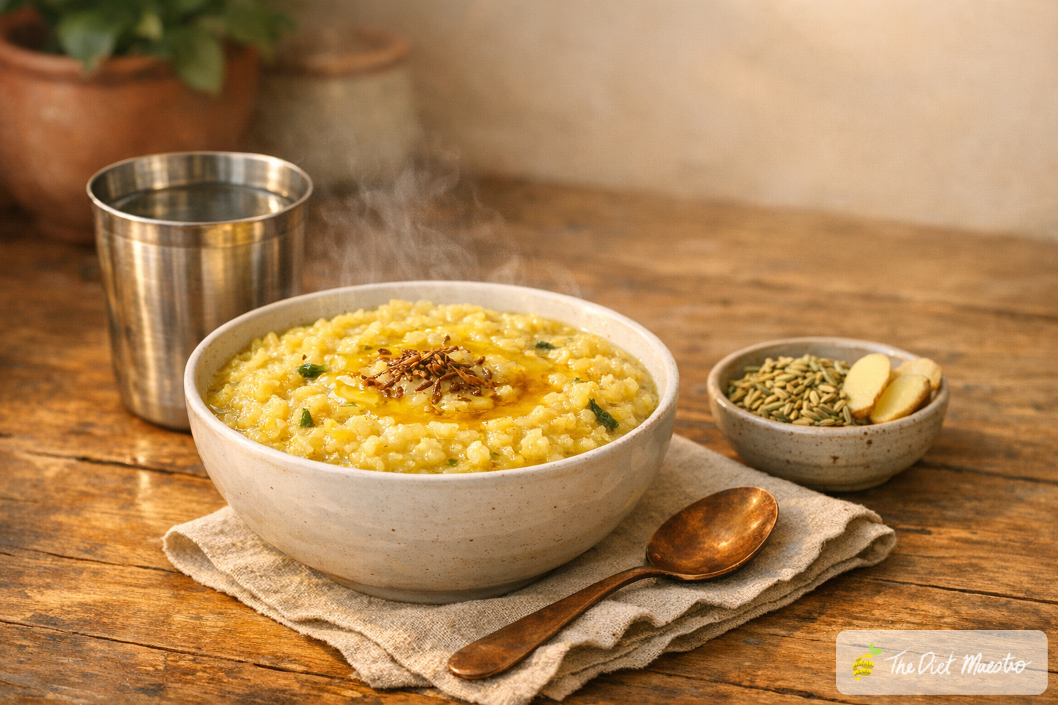 Moong dal khichdi with ghee and jeera beside a steel tumbler of warm water, saunf and ginger slices for acidity relief.