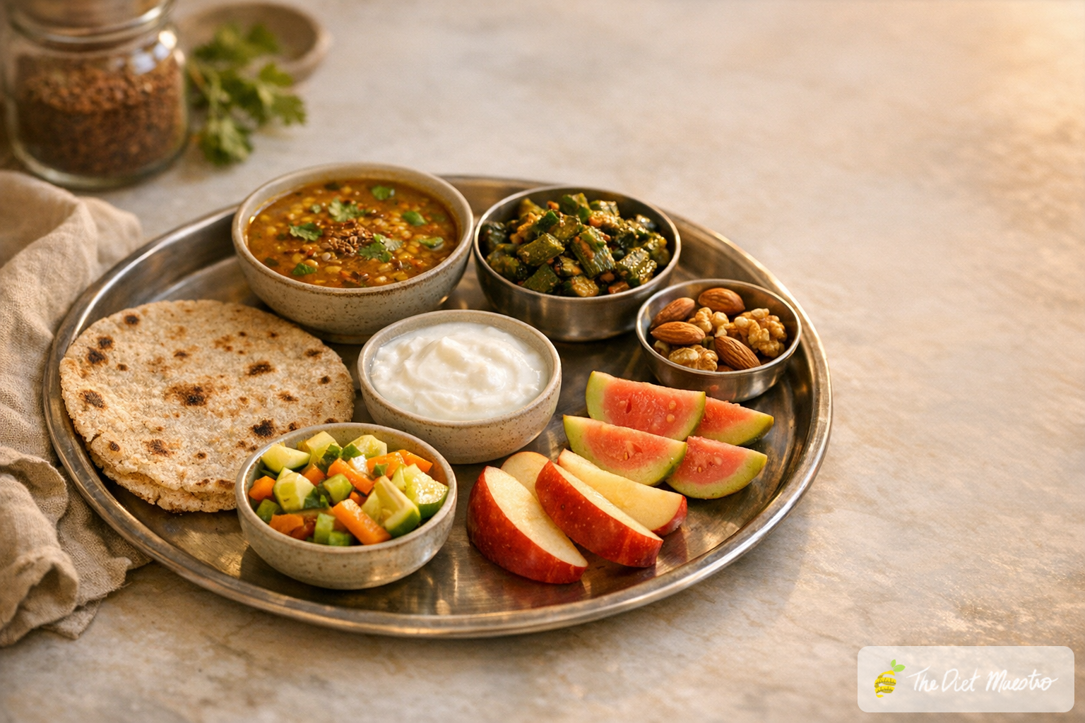 Heart-healthy Indian thali with jowar roti, dal, bhindi, salad, curd, guava, apple, and nuts on a steel plate